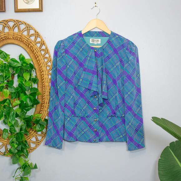 Vtg 11 Shona Dress 80s Plaid 2 Pc Set Blouse Skirt Jewel Tone | Bright Winter - Picture 6 of 16